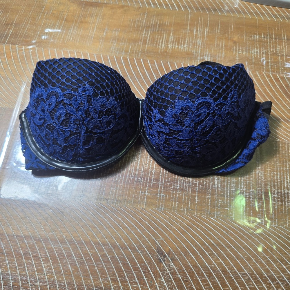Victoria's‎ Secret Very Sexy Balconet Bra Blue Black Lace Fishnet 32C Lingerie